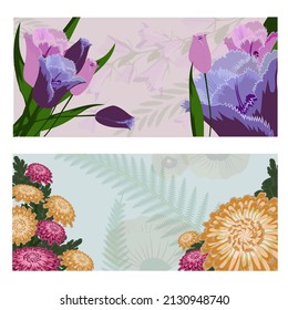 Set of two banners with tulips and chrysanthemums on the green and beige background. Vector illustration, wallpaper, greeting cards, floral design for natural products. Soft warm colors