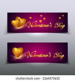 Set of two banners. Vector holiday illustration with a  gold hearts and the golden inscription Valentine's Day. Happy Valentines Day banners