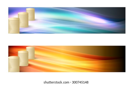Set of two banners with waves and golden coin