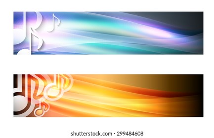 Set of two banners with waves and transparent music symbol
