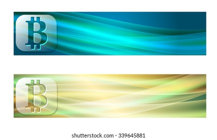 Set of two banners with waves and transparent bit coin symbol