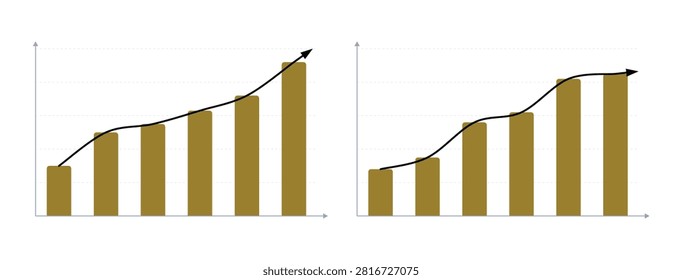 A set of two bar charts with trend lines illustrating different growth patterns, representing business performance and financial analysis, isolated on white.