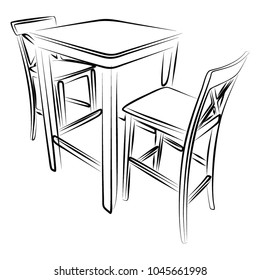 set of two bar stools and table vector isolated on white background, modern interior with wooden chairs and table