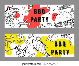 Set of two BBQ party  flyers design template. Outline sketch vector hand drawn illustration with different grilled food and colorful spots on white background