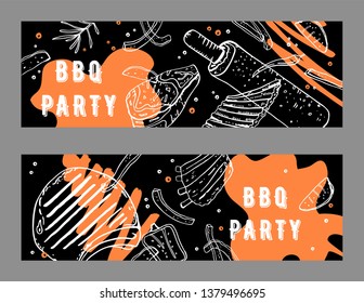 Set of two BBQ party prints design template. Outline sketch vector hand drawn illustration with different grilled food and colorful spots on black background