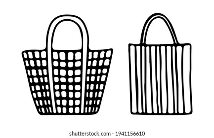 Set. Two beach bags. One bag with check print, the other with vertical stripes. Doodle style. Drawn by outline. Vector illustration.