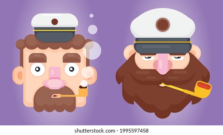 Set of two bearded ship captain or skipper with a pipe and peaked cap. Flat design smoking sailor vector illustration. 

