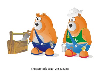 set of two bears worker with brush and diy tools
