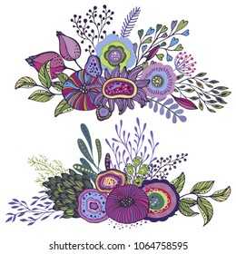 Set of two beautiful fantasy bouquets with hand drawn flowers, plants, branches. Bright colorful vector illustration.