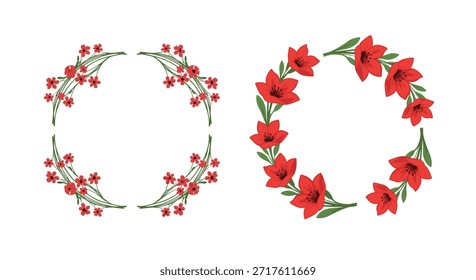 Um conjunto de duas belas armações florais com flores vermelhas vibrantes e hastes verdes, uma coroa circular e uma borda em estilo de canto.