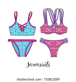 set of two beautiful swimsuits with bright prints. hand-drawn illustration