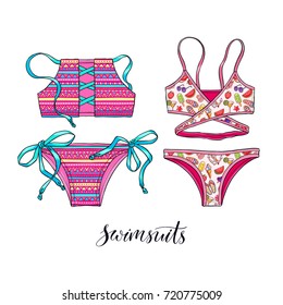 set of two beautiful swimsuits with bright prints. hand-drawn illustration