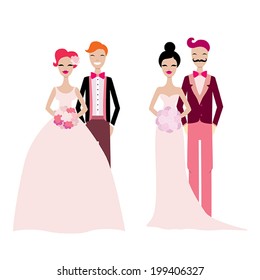 Set of two beautiful wedding couples isolated on white background. Vector illustration