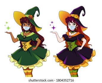 Set of two beautiful young witch wearing covid-19 protection mask. Announce Halloween 2020 Party.  Vector cartoon style illustration for children games, invitation cards, design template etc.