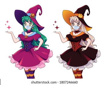 Set of two beautiful young witch wearing covid-19 protection mask. Announce Halloween 2020 Party.  Vector anime style illustration for children games, invitation cards, design template etc.