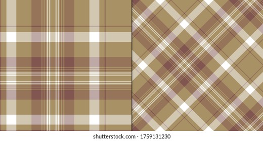 Set of two beige brown colored plaid patterns. Seamless design for fabric, cover, textile etc. Tartan background.