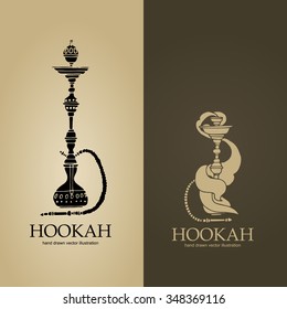 Set of two beige and brown hookah logos, hand drawn vector illustration