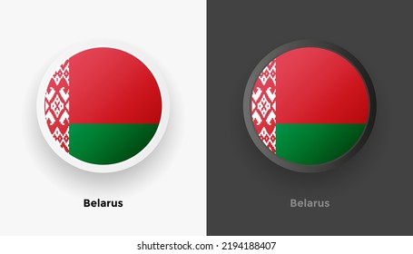 Set of two Belarus flag buttons in black and white background. Abstract shiny metallic rounded buttons with national country flag