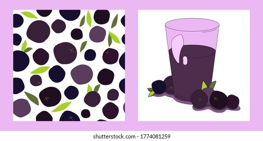 conjunto de dos plantillas de bayas. vaso de jugo de acai dulce y patrón sin costuras con acai maduro y hojas. diseño abstracto moderno para embalaje, impresión para ropa, tela