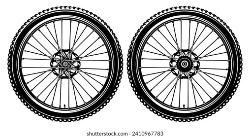 Set of two bicycle wheels. Set of front and rear parts of the bicycle. Vector monochrome illustration.