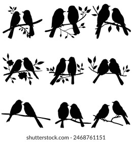 Set of two birds on branch silhouettes. Valentine symbol vector element