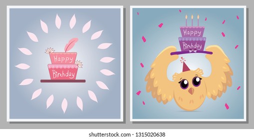 Set of two birthday cards, with cake and owl. Suitable for cards or invitations