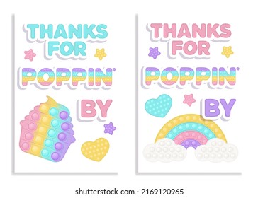 Set of two Birthday favor tags popi it fidget toy vector design with illustrations and text. Happy Birthday gift printable cards or labels in pastel popit style. Party cake design as a trendy silicone