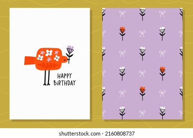 Set of two birthday greeting cards. Vector illustration with cartoon bird, doodle flowers backdrop and "Happy Birthday" typography. Cute flat design for posters, cards, invitations, gift wrapping.