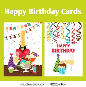 Set of two birthday greeting cards with champagne, ribbons and muffins, vector illustration