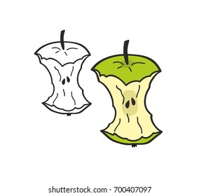 Set of two bitten apples isolated on white background. Colorful and monochrome illustration in vector.