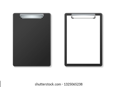 Set of two black clipboard. Empty paper holder and clipboard with white sheet on white background. Template design blank mock up. Concept for education, business, planning or infographics. Vector