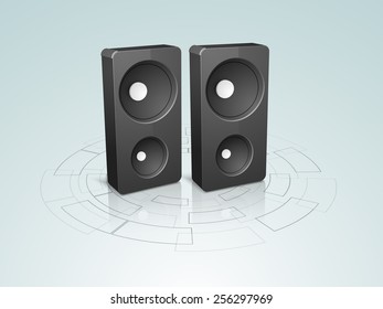 Set of two black electronic speakers on high-tech  background.