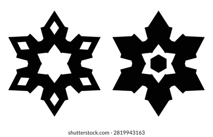 A set of two black geometric snowflake silhouettes on a white background. These vector icons are perfect for winter-themed graphic design, holiday decorations, and pattern creation.