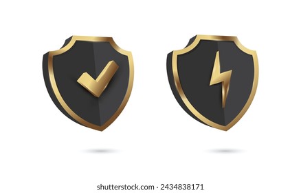 Set of Two Black and Gold Shield Emblems. One With Golden Check and One With Golden Lightning Bolt Sign on White Background. Vector illustration.