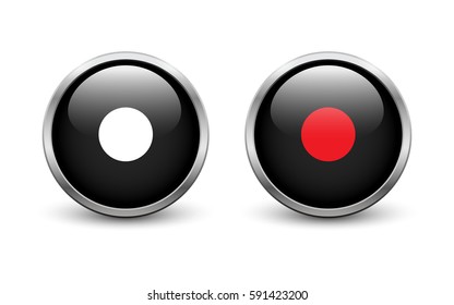 Set of two black On and Off record buttons with metal frame and shadow