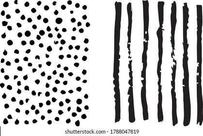 Set of two black paint brush textures on transparent background. Dots and lines, irregular shapes. For overlay, montage or brushes. Abstract vector illustration. Easy to recolor.