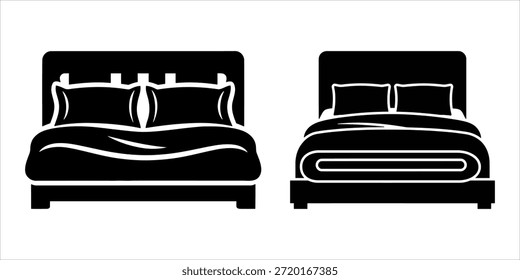 Conjunto de dos iconos de cama de silueta negra, camas dobles y queen size con almohadas, Vector