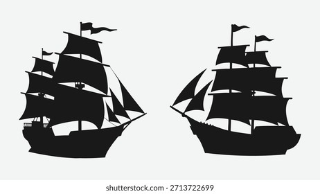 Um conjunto de duas ilustrações de silhuetas pretas de veleiros históricos, possivelmente galeões ou navios altos, exibidos contra um fundo branco plano. Ideal para temas marítimos ou projetos de design vintage