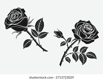 A set of two black silhouette illustrations of roses with stems and leaves, presented on a white background. Ideal for graphic design, tattoo art, or vintage floral projects.