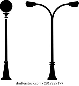A set of two black silhouette illustrations featuring a classic round globe street lamp and a modern double-headed post light, isolated on a clean white background for design.