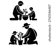A set of two black silhouettes depicting people planting a tree in a pot, with one image showing two people and the other a child and adult, all on a white background