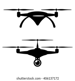 Set of two black silhouettes of drones with camera