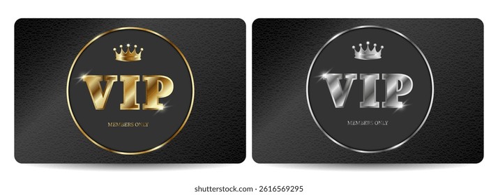 Set of two black VIP cards with textured background. Gold and silver premium VIP cards. Modern creative template. Vector images.
