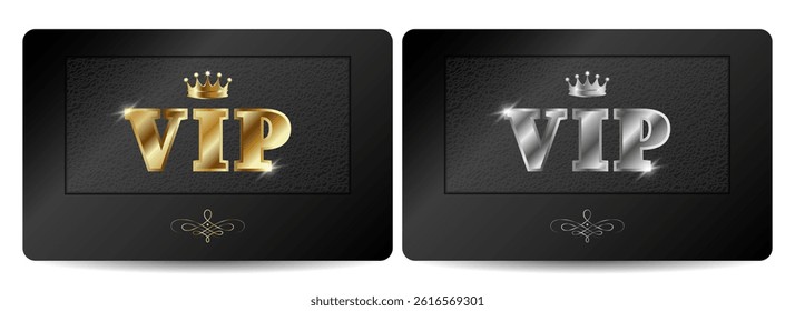 Set of two black VIP cards with textured pattern. Gold and silver premium VIP cards. Modern creative template. Vector images.