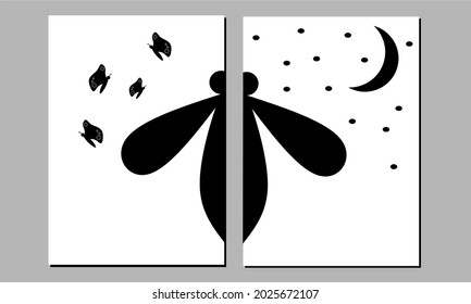 Set two of black and white butterfly wall art. Minimal wall decor. Scandinavian wall decorations.