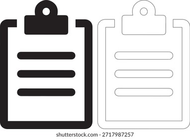 Un conjunto de dos íconos de Portapapeles en blanco y negro, uno en estilo sólido y el otro en estilo de contorno, sobre un fondo blanco puro, perfecto para conceptos de negocios o educación