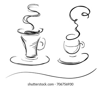 Set of two black and white coffee cups in a sketch style. Transparent mug and figured hot steam. Isolated. No background.