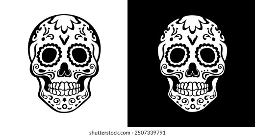 Set of two black and white hand drawn linear Calavera for Day of the Dead. Outline ink art with traditional decorated Mexican sugar skulls as Dia de los Muertos symbol. Tattoo design,  calaca icon