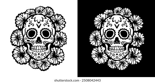 Set of two black and white hand drawn linear decorated sugar skulls (Calavera) surrounded by marigold flowers for Dia de los Muertos (Mexican Day of the Dead). Outline ink art tattoo design