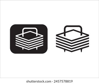 Conjunto de dos iconos en blanco y negro con una grapadora y varias hojas de papel, que representan los suministros de oficina y la organización del documento